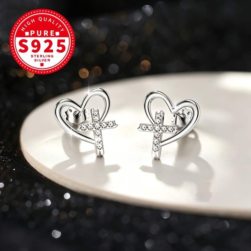 Women's S925 Silver Openwork Heart-Shaped Cross Stud Earrings — Gothic Style