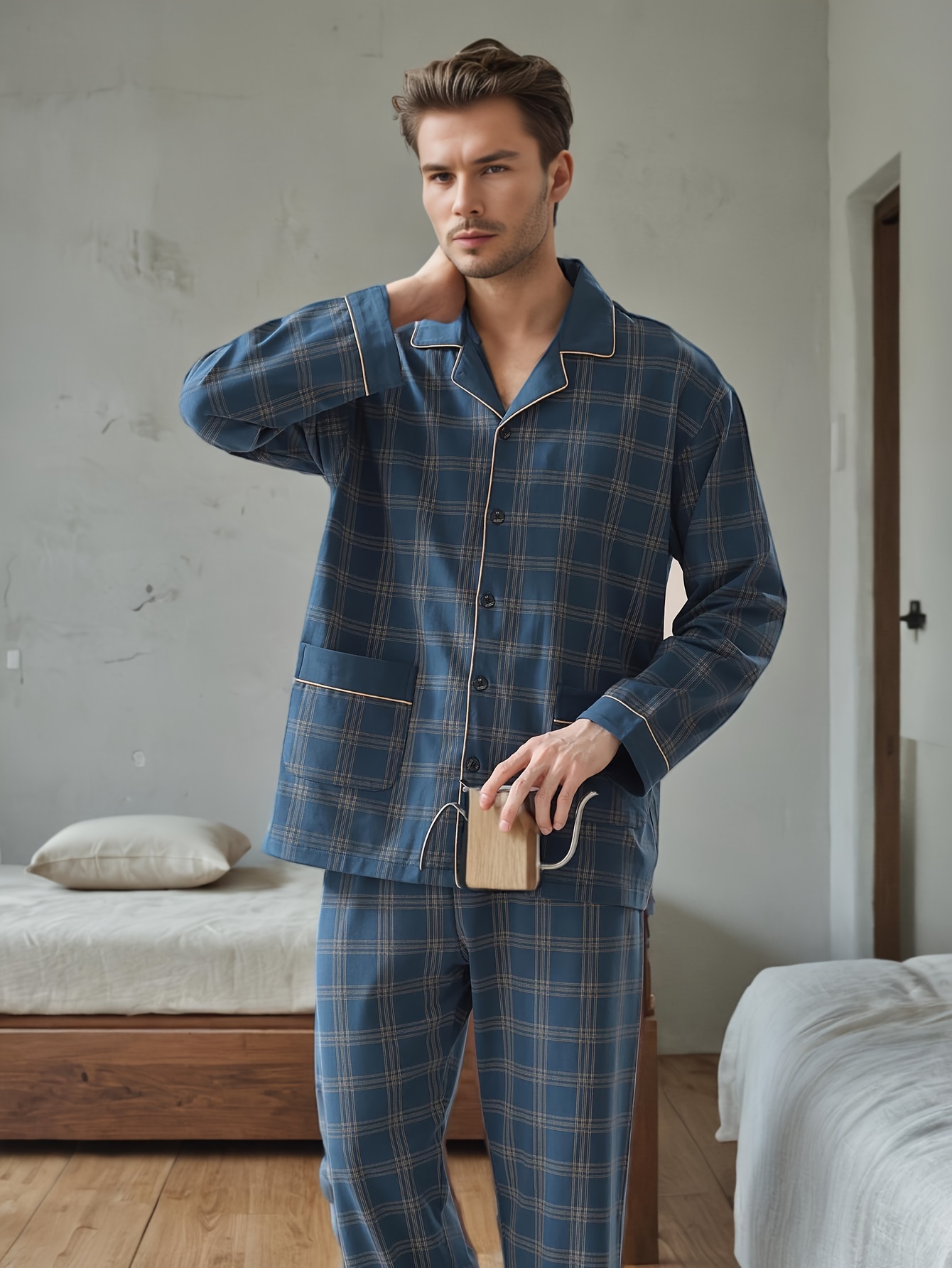 Pyjama Flanelle Homme GLOBAL - Ensemble 2 Pièces Coton Chaud Boutonné Manches Longues