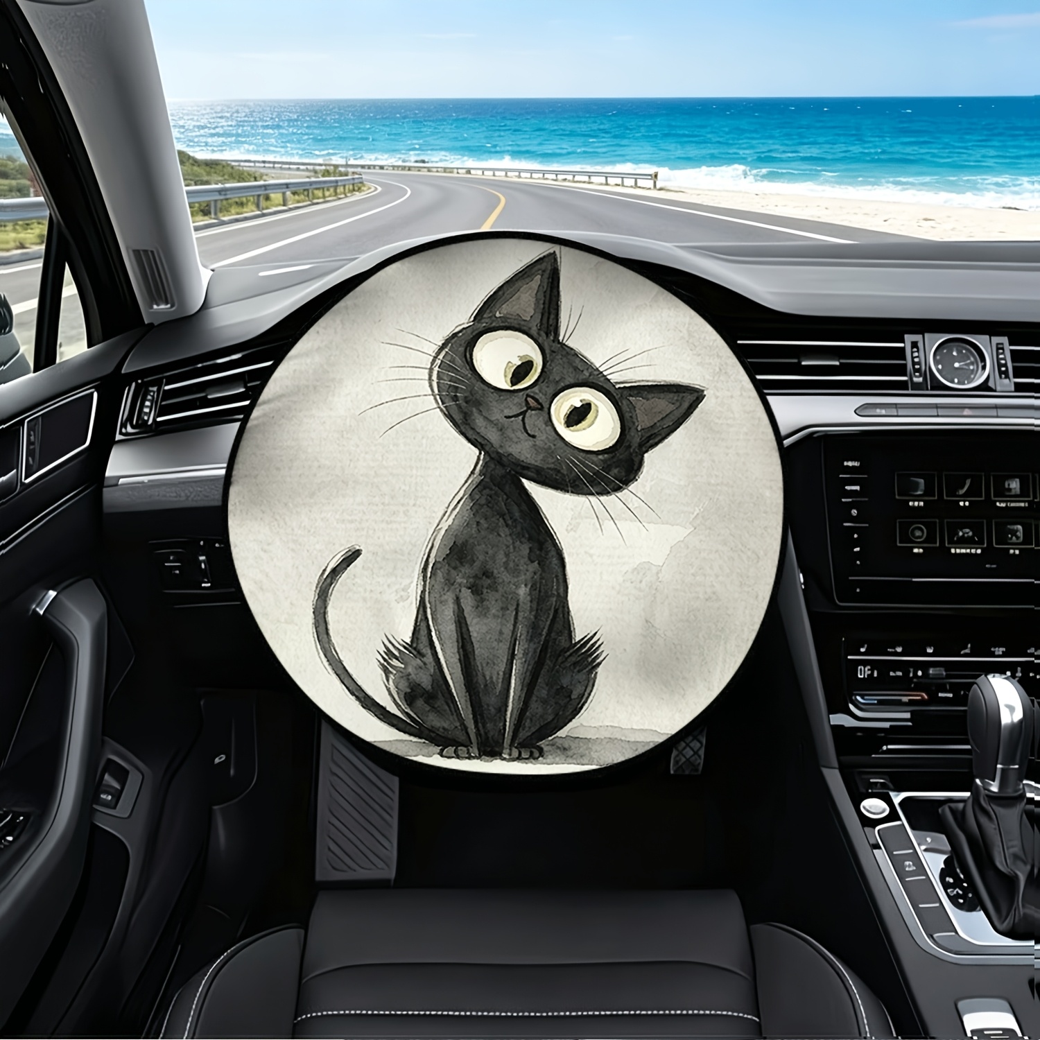 TEMU 1 stuk schattige zonnescherm voor stuurwiel met zwarte kat met ronde & geschikt voor alle auto's, passend voor dashboard zonnescherm,