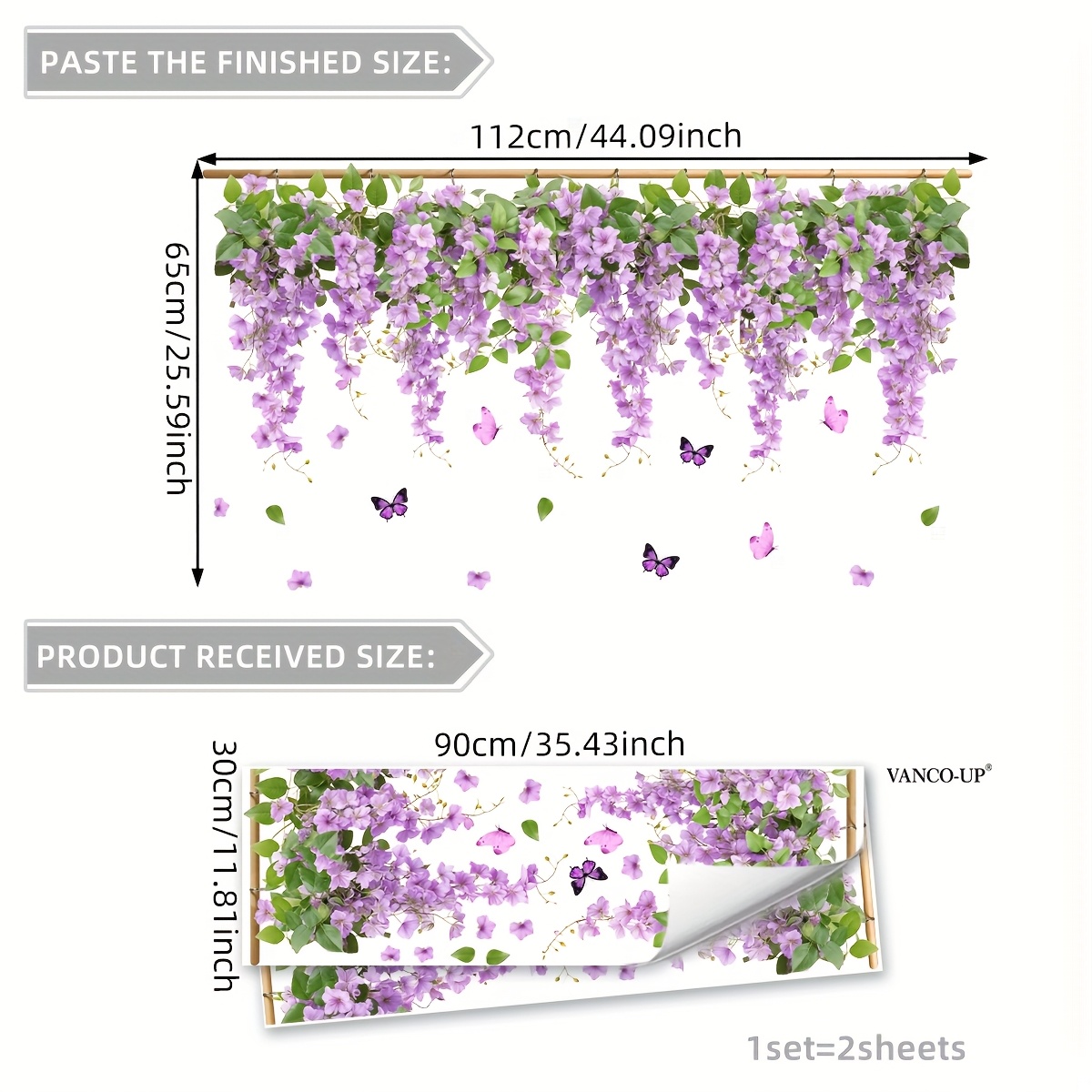 E-shop Ein Set aus zwei (30 * 90 cm * 2 Stück) elektrostatische Adsorption lila Ranken-Blumen-Schmetterlinge, moderne Deko für Schlafzimmer, Wohnzimmer