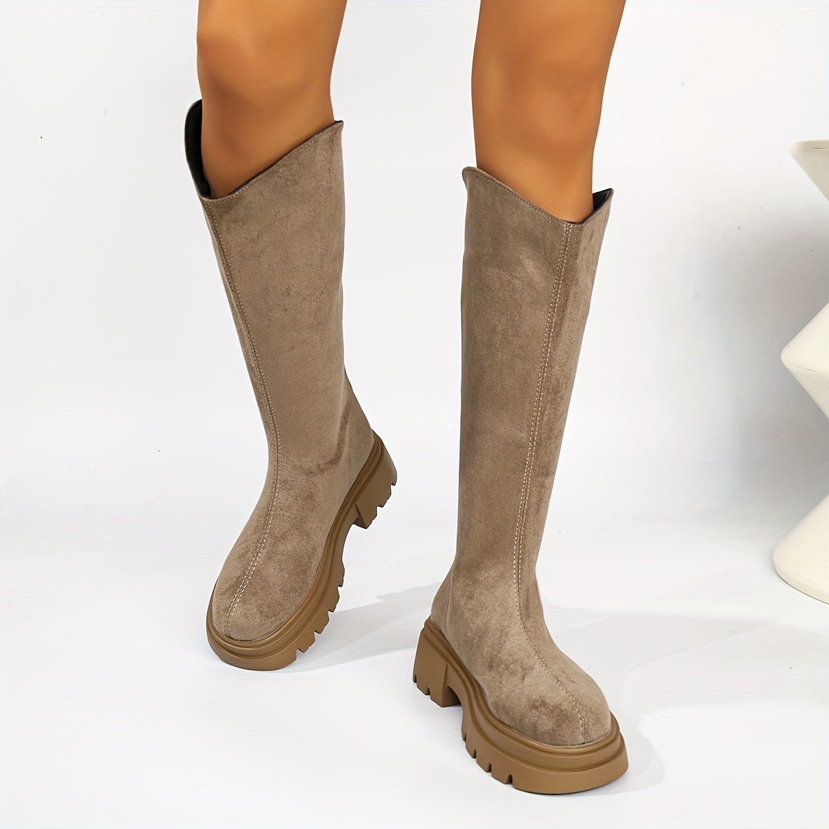 TEMU Women's Thick-soled High-top Riding Boots, Wide Calf Boots, V-neck High Boots For Plus Size Women, Winter Boots, Elegant Boots, Durable Boots,