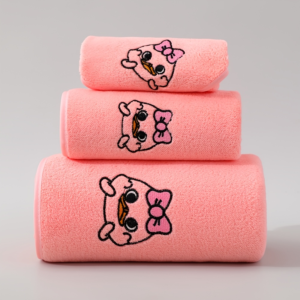 Image of 3pcs Cartoon Embroidered Towel Set, Household Coral Fleece Towel, Towel Bath Towel, Towel For Bathroom, 1 Bath Towel + 1 Hand Towel + 1 Washcloth