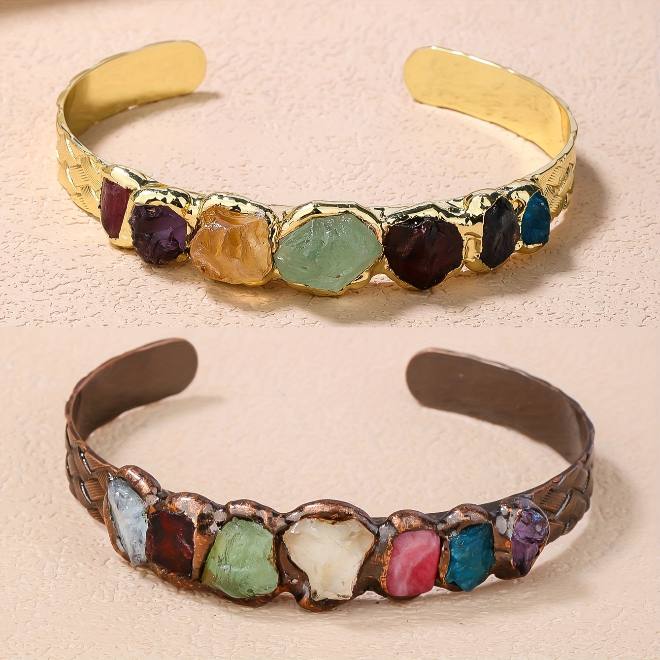 

Boho Vintage Copper Cuff Bracelet With 7 Natural Gemstones, Handcrafted Burnt Welded Design, Multi-colored Rock Crystal Mosaic, Summer Holiday Party Jewelry For Women - Mardi Gras Day Accessory