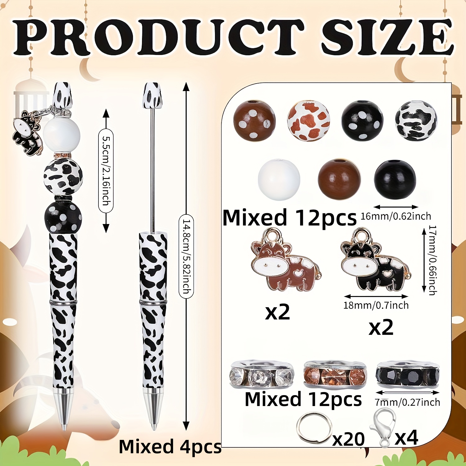 4 Sets/56pcs Cow Print Ballpoint Pens, Black And Brown, With Diy Pen Sleeves And Beaded Charms, For Students, Office, School, Jewelry, Crafts, Decorations, And Gifts