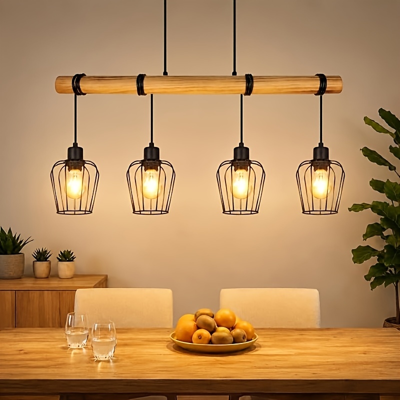 Image of 4-light Retro Chandelier, Retro Hanging Lamp, Wooden Dining Room Pendant Light, Hanging Lamp, Industrial Style Living Room Light, With Height-adjustable Spotlight, Black, Bulbs Not Included