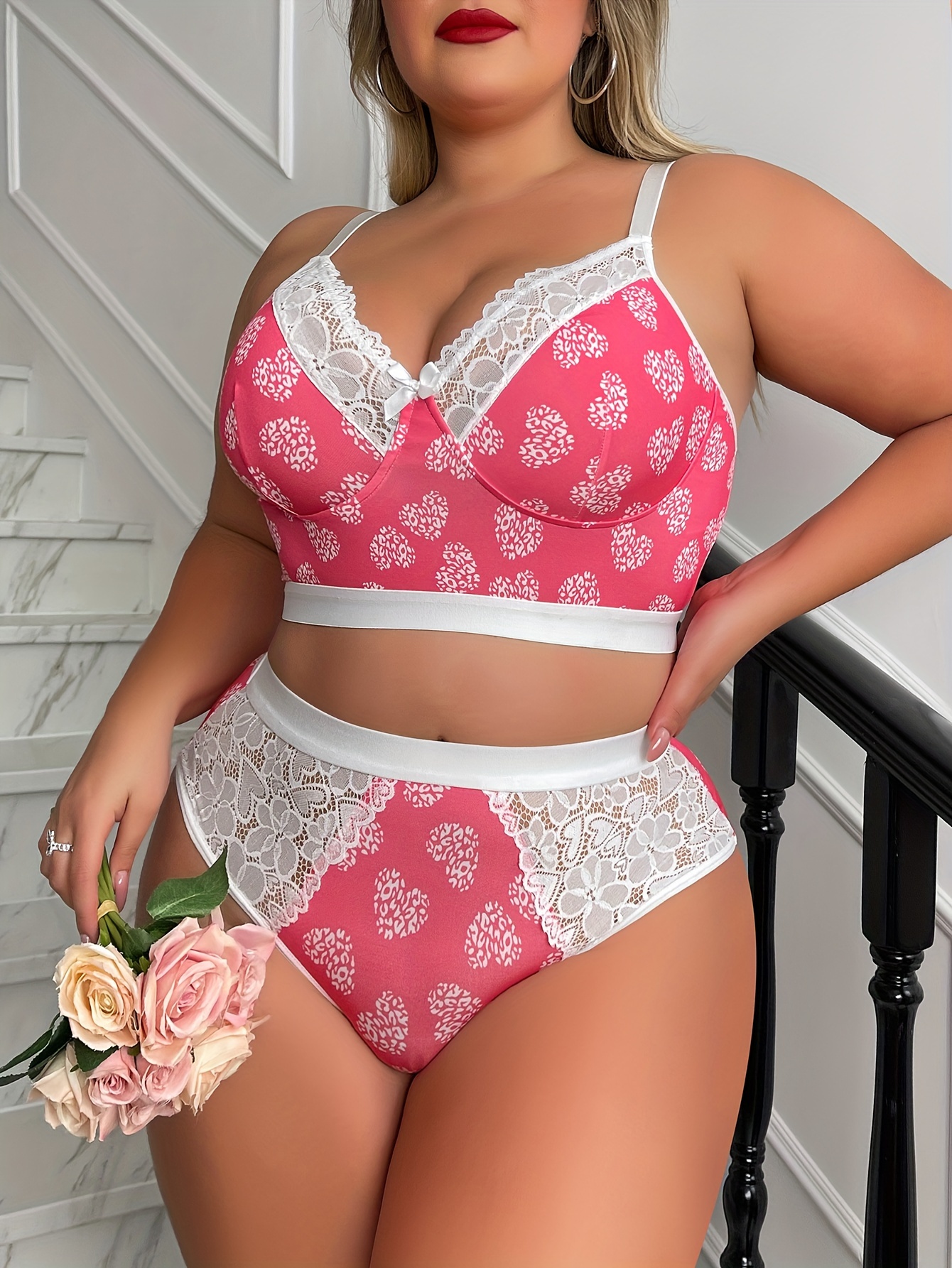 Nananla Women Valentine's Day Underwear Plus Size Lace Sexy Lingerie Sets 