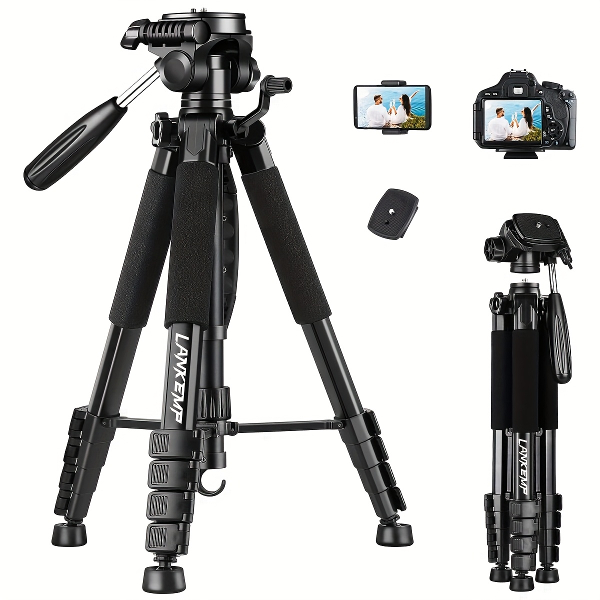 Image of Lankemp 187cm Camera Tripod, Tripod For Camera And Phone, Aluminum Professional Tripod Stand With Carry Bag And Phone Holder, Compatible With Dslr, Iphone, Scopes, 9.5lb