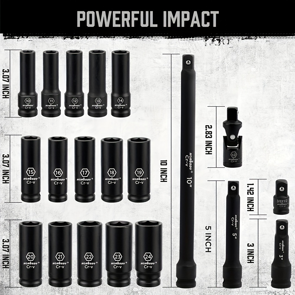 20pcs Deep Socket Set Impact 1/2" Drive Extension Bars