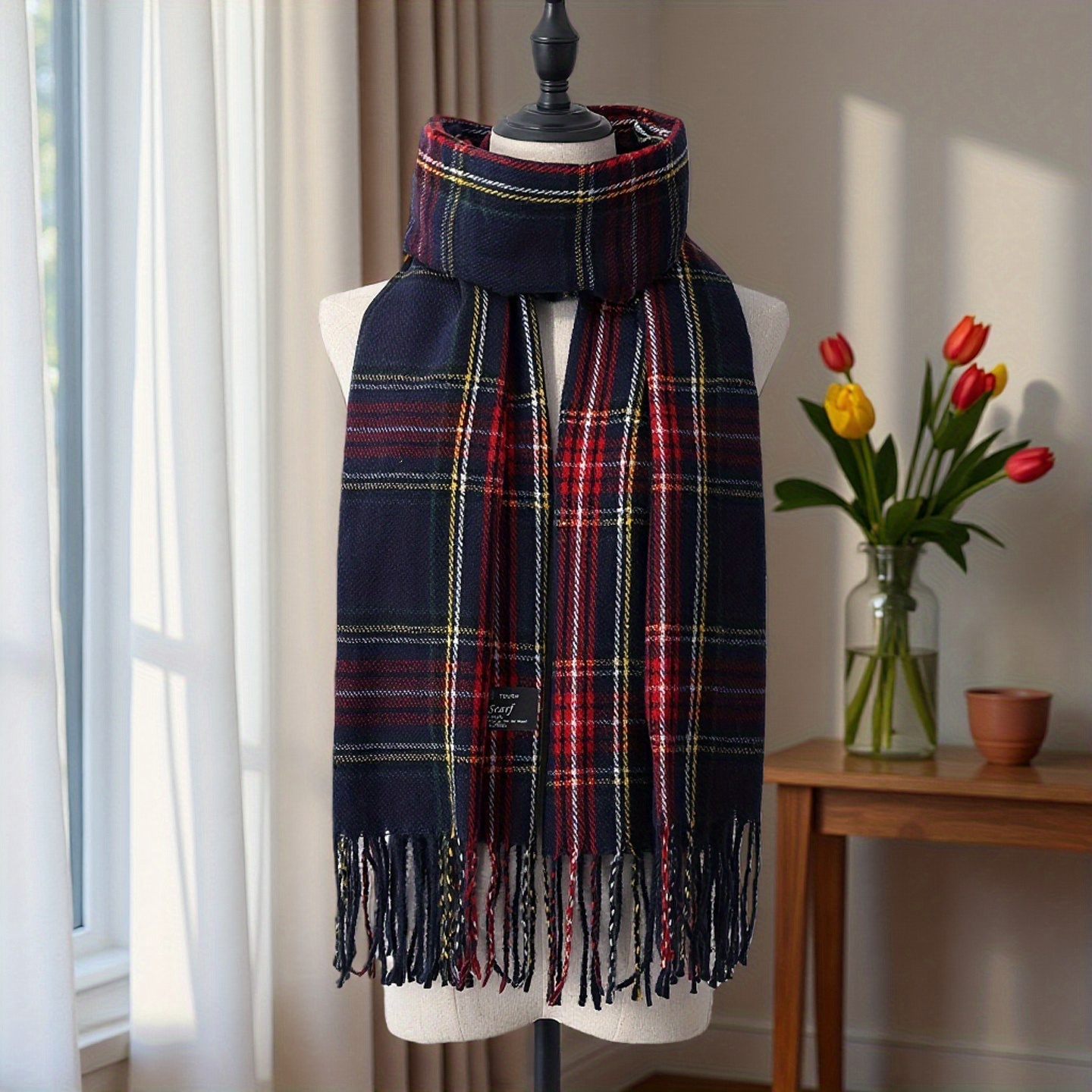 TEMU 1pc Tyseromi British Plaid Scarf Suitable For - Shawl With Tassel Trim, Soft Lightweight Winter Scarves For Christmas Gifts, Casual/formal Wear,