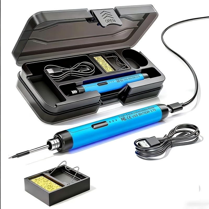 TEMU Portable Soldering Kit Rechargeable Via Usb, Featuring Adjustable Temperature Controls, A Stand, And A Storage Box - Ideal For Home, Office, And