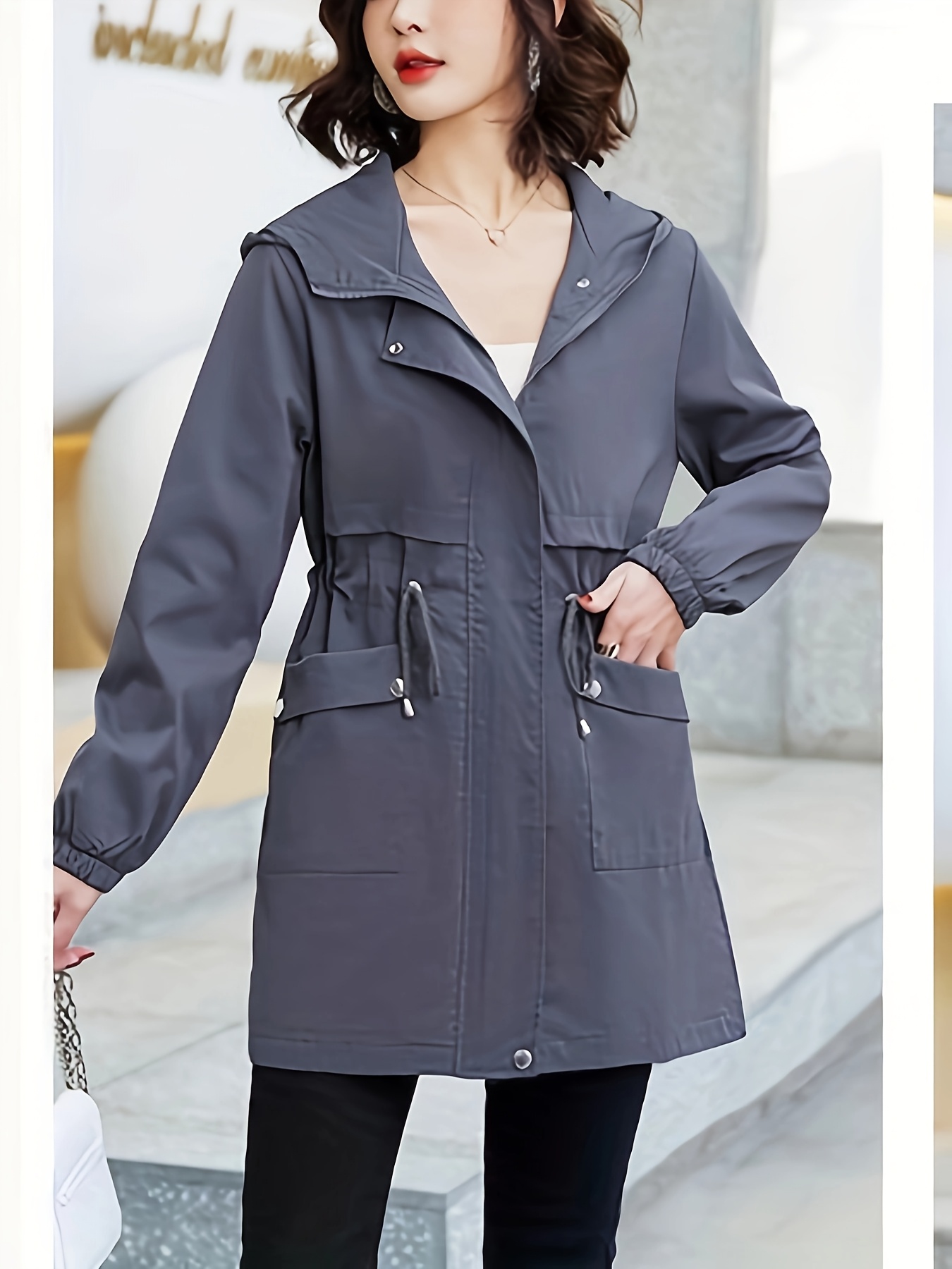 Chaqueta cortavientos con capucha para mujer, de manga larga, con cordón ajustable y cierre de cremallera, puños elásticos, diseño sin cinturón, color liso, casual, para primavera/otoño, talla regular, color gris oscuro/negro, para uso al aire libre, estilo minimalista, solo lavado a mano, moda de primavera