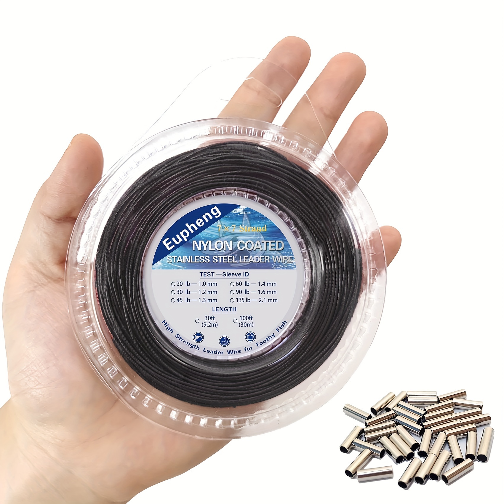 Image of Sports Nylon Coated 1x7 & 7x7 Stainless Steel Leader Wire Knottable Fishing Wire Leader Line For Saltwater 20lb (9kg) - 135lb (61kg) Test In Black 30ft (9.2m) 100ft (30m) Lengths With Crimps Sleeves