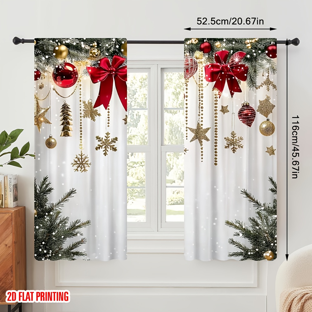 TEMU Rideau de Noël 2D Plat, Impression 2D Plat 2 pièces, Nœud Rouge, Tissu 100% Polyester Durable, Électricité, Décoration de Fête de Printemps et ,
