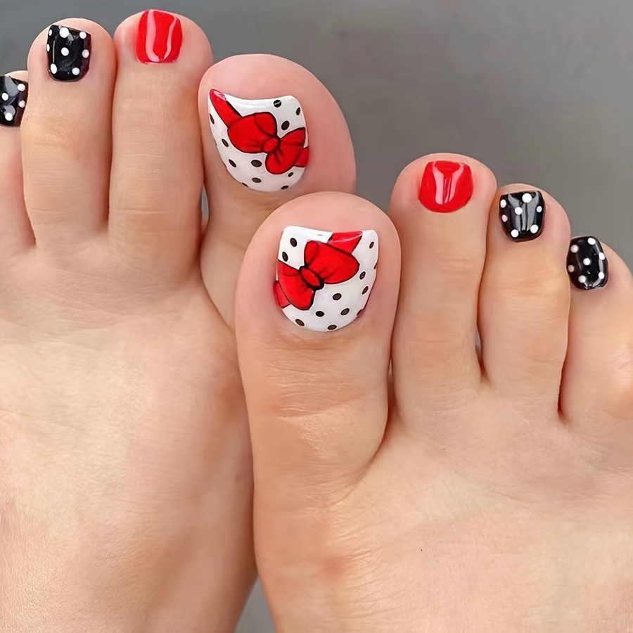 Glossy Finish Toe Nail Wraps Red Bow Polka Dot Design Easy - Temu