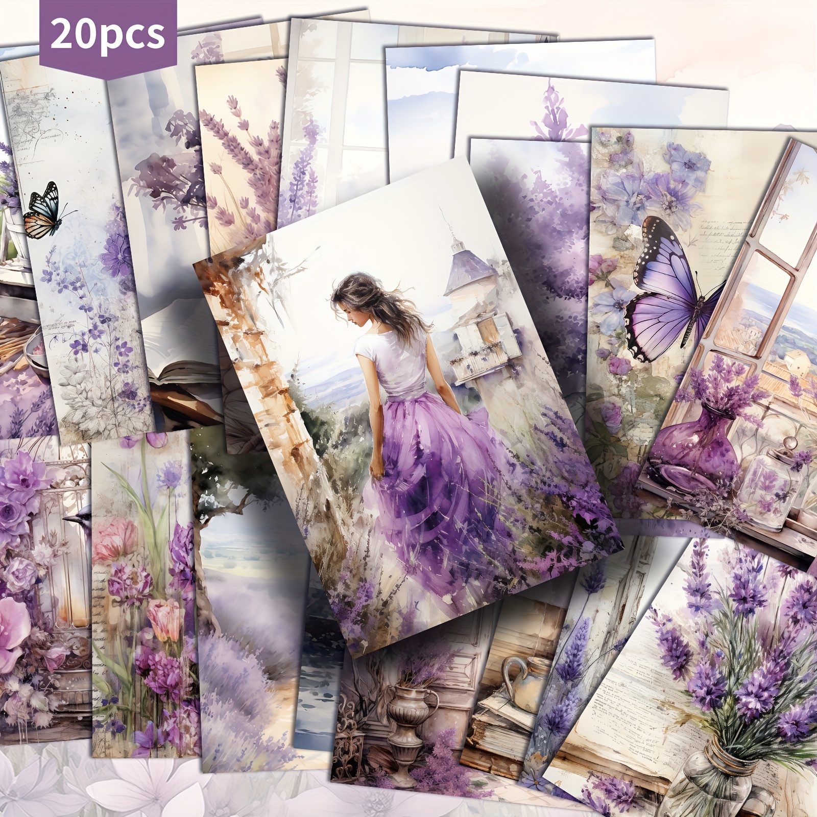 TEMU 20-pack Purple Lavender Landscape Postcards - 4x6 Inches Purple Lavender Junk Journal Paper, Classic Pinup Illustrations, Collectible Decorative