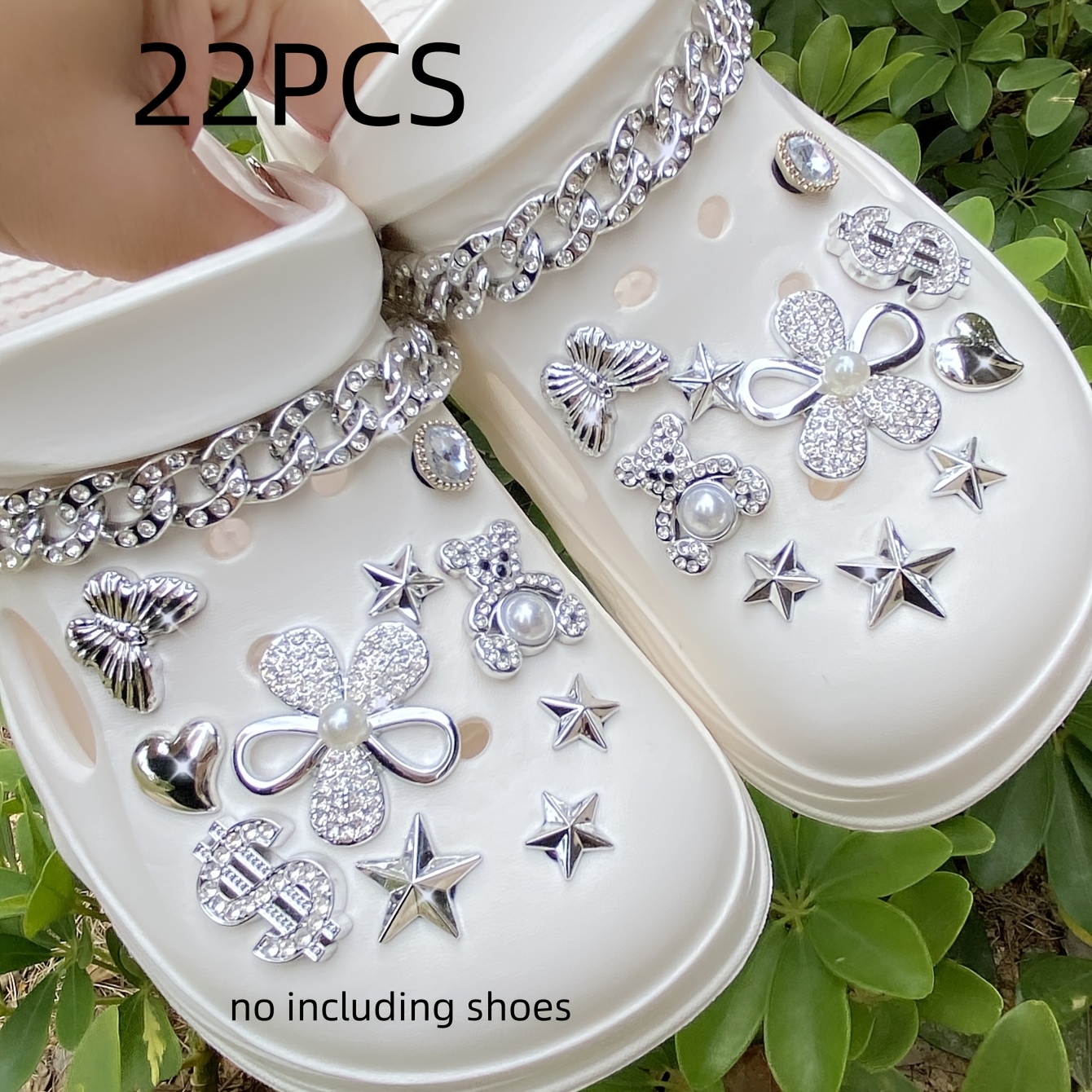 Image of 22pcs Silvery Rhinestone Chain Flower Bear Set, Fashionable Shoe Additions, Suitable For Hole Shoes, Sandals, And Other Detachable Shoe Flowers, Holiday Gifts