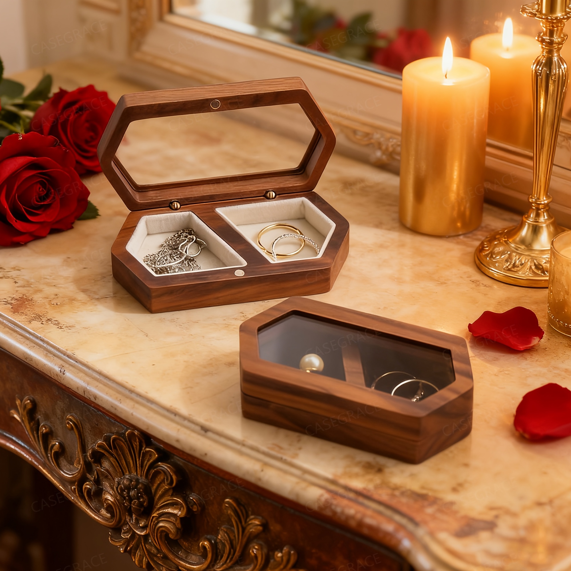 Eine Schmuckschatulle aus Holz, Vintage Ring Vitrine, Aufbewahrungsbox fr  Hochzeitsringe, Ohrring- und Halsketten-Organizer, Kleine Schmuckschatulle  mit transparentem Deckel, Schmuckschatullen