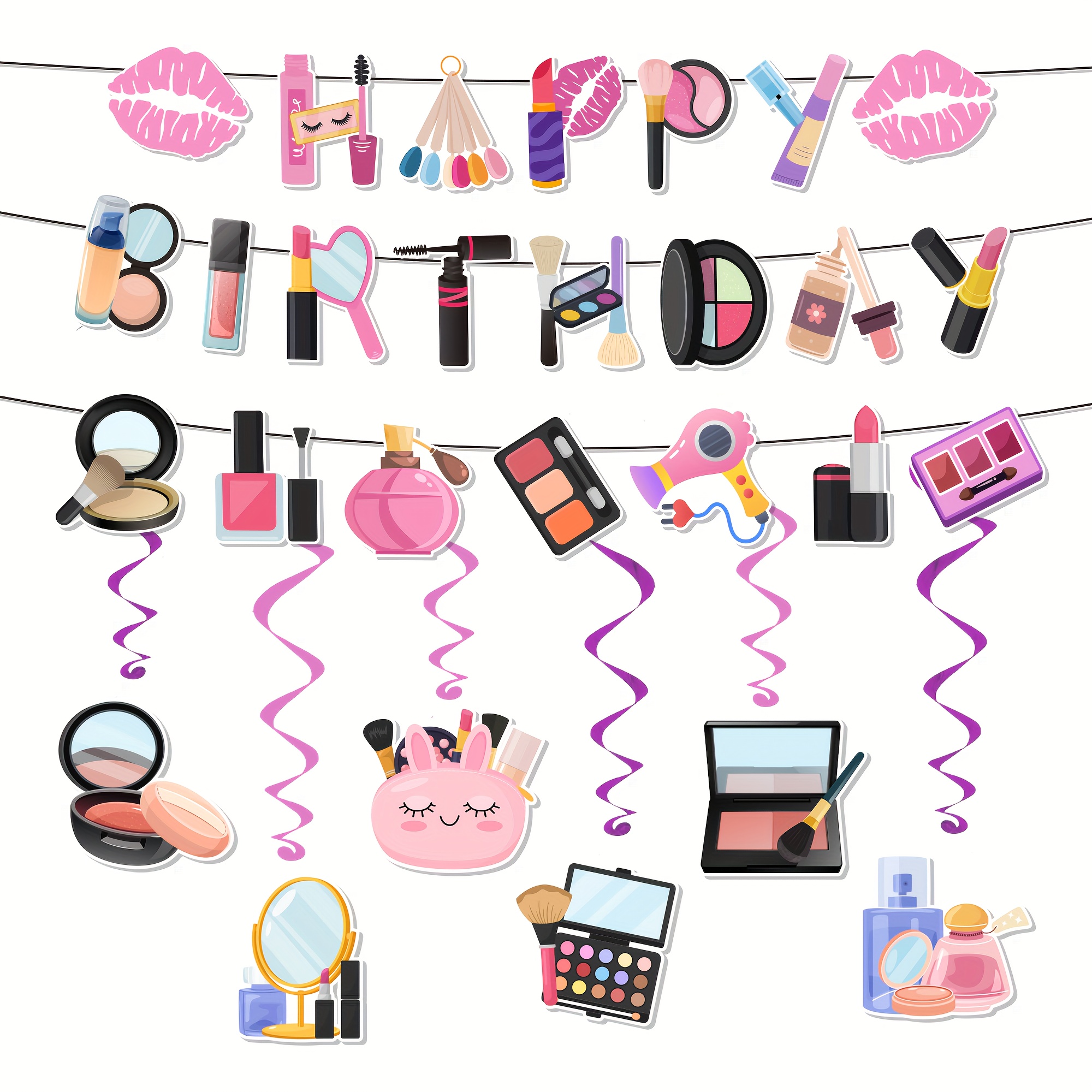 Make-up Verjaardagsfeest Decoraties, Make-up Banner met Spiraalversiering Set - Happy Birthday Make-up Banner & Spa Feest Hangende Papieren Versieringen voor Vrouwen Make-up Party, Spa Feestdecoratie