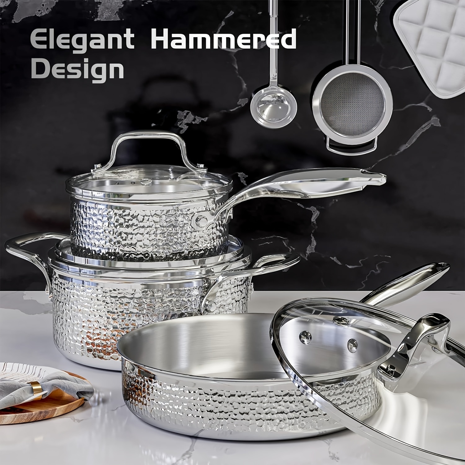 

Stainless Steel Pot Set With Glass Lid, 6pcs Hammer Pattern Pot Set, Kitchen Induction Cooker Cooking Pot Set, Suitable For All , Used In Oven And Dishwasher, Non-toxic Silvery