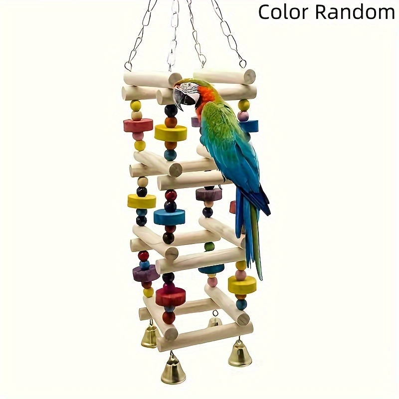 

1pc Wooden Toy With Bells, Bird Climbing Ladder, Hanging Bird Perch, , Pet Bird Accessories, Random Bell Style & Color, Hanging Chain Included