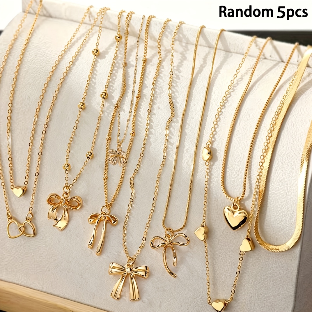 TEMU 5pcs Fashionable And Minimalist Rhinestone Heart, , Star, And Moon Pendant Necklace, Unisex Layered Clavicle Chain, For Vacation Parties, Dates,