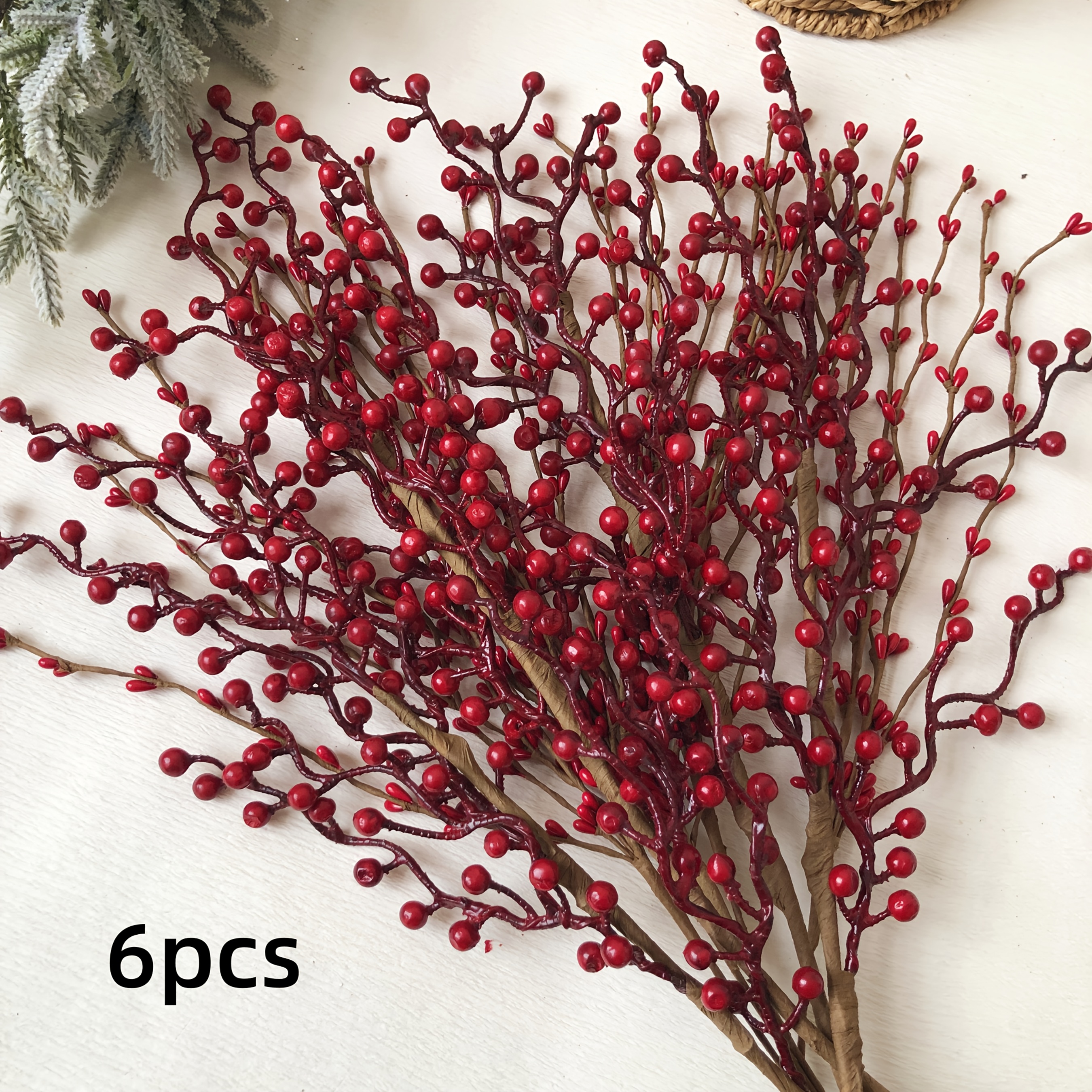 Christmas Artificial Flowers, 6-pack Faux Berries -shaped Bead Stem Plum Stem, Hand-twisted Flower Branches, Decoration, Winter Decor, Christmas Decor, Christmas Gift, Vase Floral Decoration