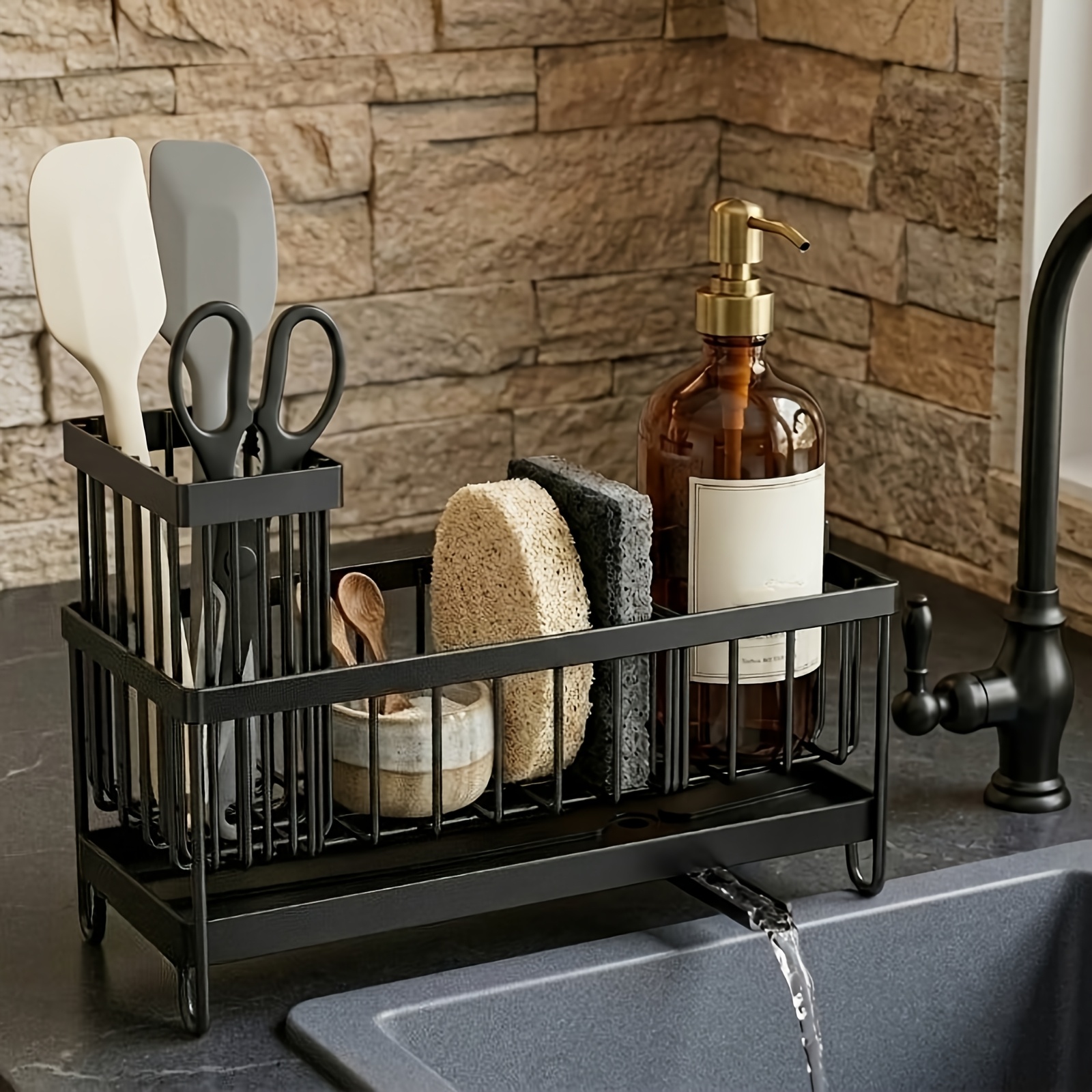 Rustproof Steel Kitchen Sink Sponge Holder, Sink Caddy Organizer With High Brush Holder, Black Countertop Storage Rack For Kitchen Essentials