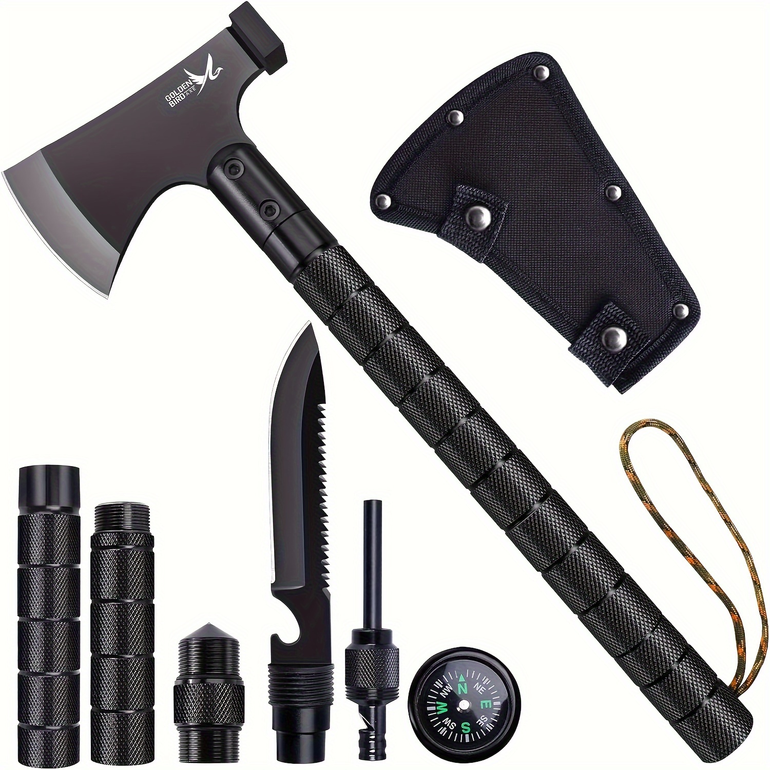 

Axe Survival 9 In 1, Camping Large, Multitool With Hammer Sheath Whistle, Sharp Outdoor Camping Hatchet Bushcraft, Cool Black Set