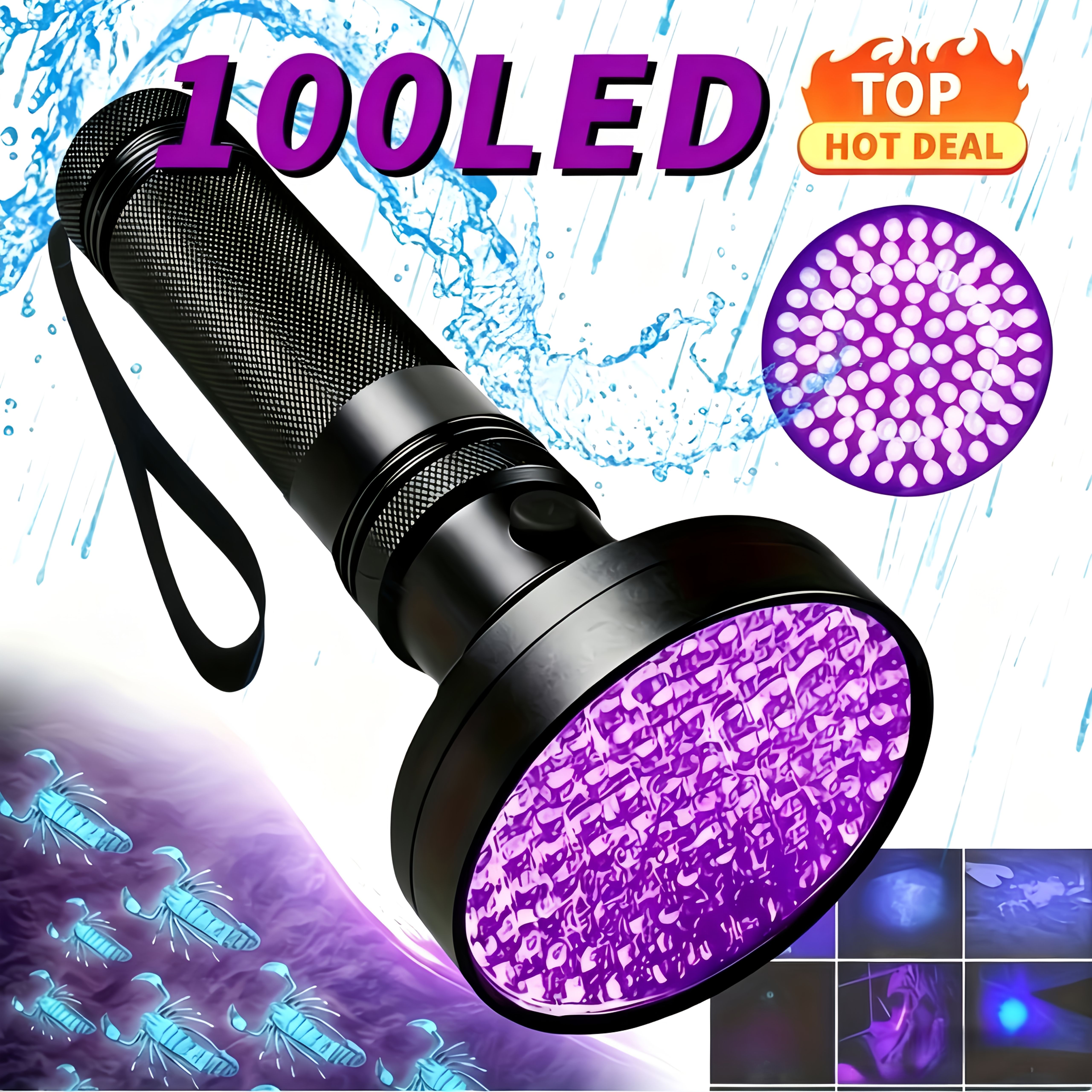 TEMU 1pc 100 Leds Uv395nm Flashlight, Waterproof, Heavy-duty Aluminum Alloy Material, Black Light, For Light, Pet Urine Stain, Bed Bug, Money Ore,