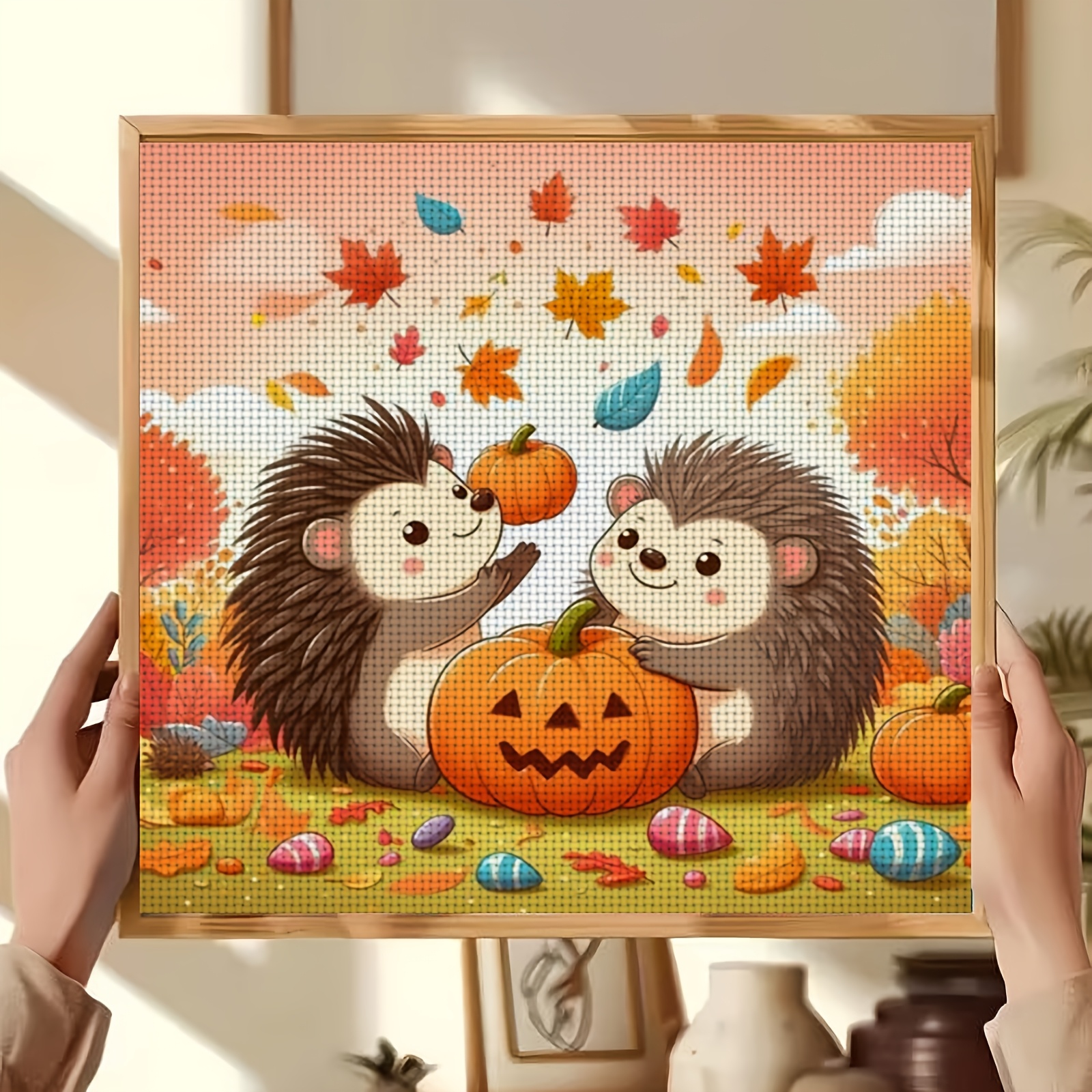 DIY Cross-Stitch Printed Kit, Unframed, Autumn Leaves Hedgehog