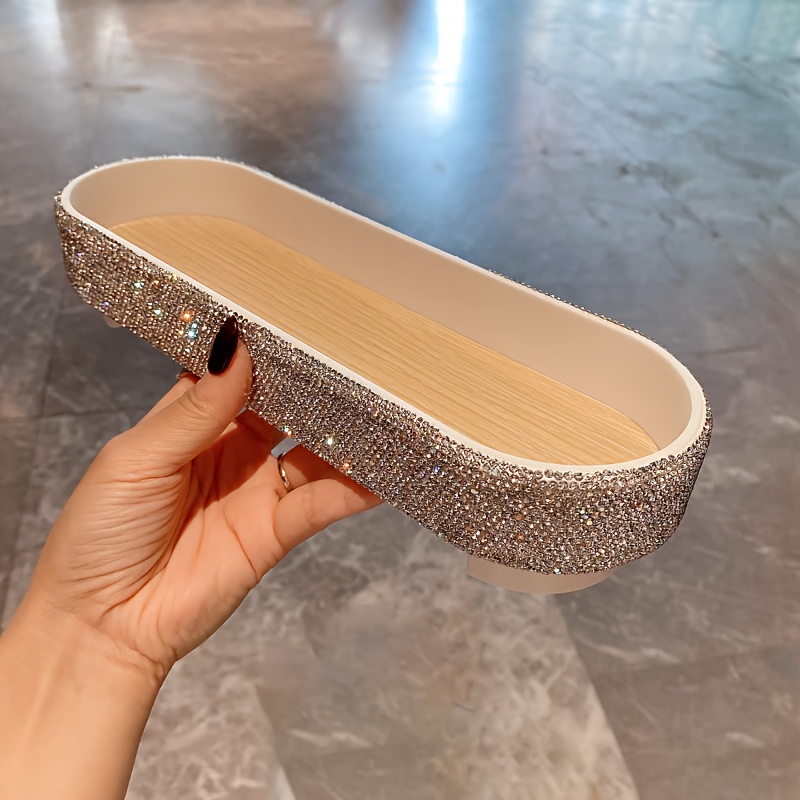   jeweled oval tray tabletop plastic jewelry box with glittering rhinestones fabric lined multipurpose storage for perfumes skincare accessories no electricity needed jewelry boxes Product details 1