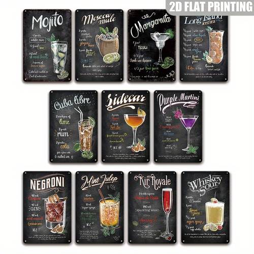2D Flat, 11pcs Vintage Cocktail Recipe Metal Signs - Retro Bar Decor with , , , , , , Royale - Heavy-Duty Iron Construction - Pre-Drilled Holes - for Home, Kitchen, Bar, Restaurant, Garage - Perfect Gift for & Cocktail Lovers, 2D Flat