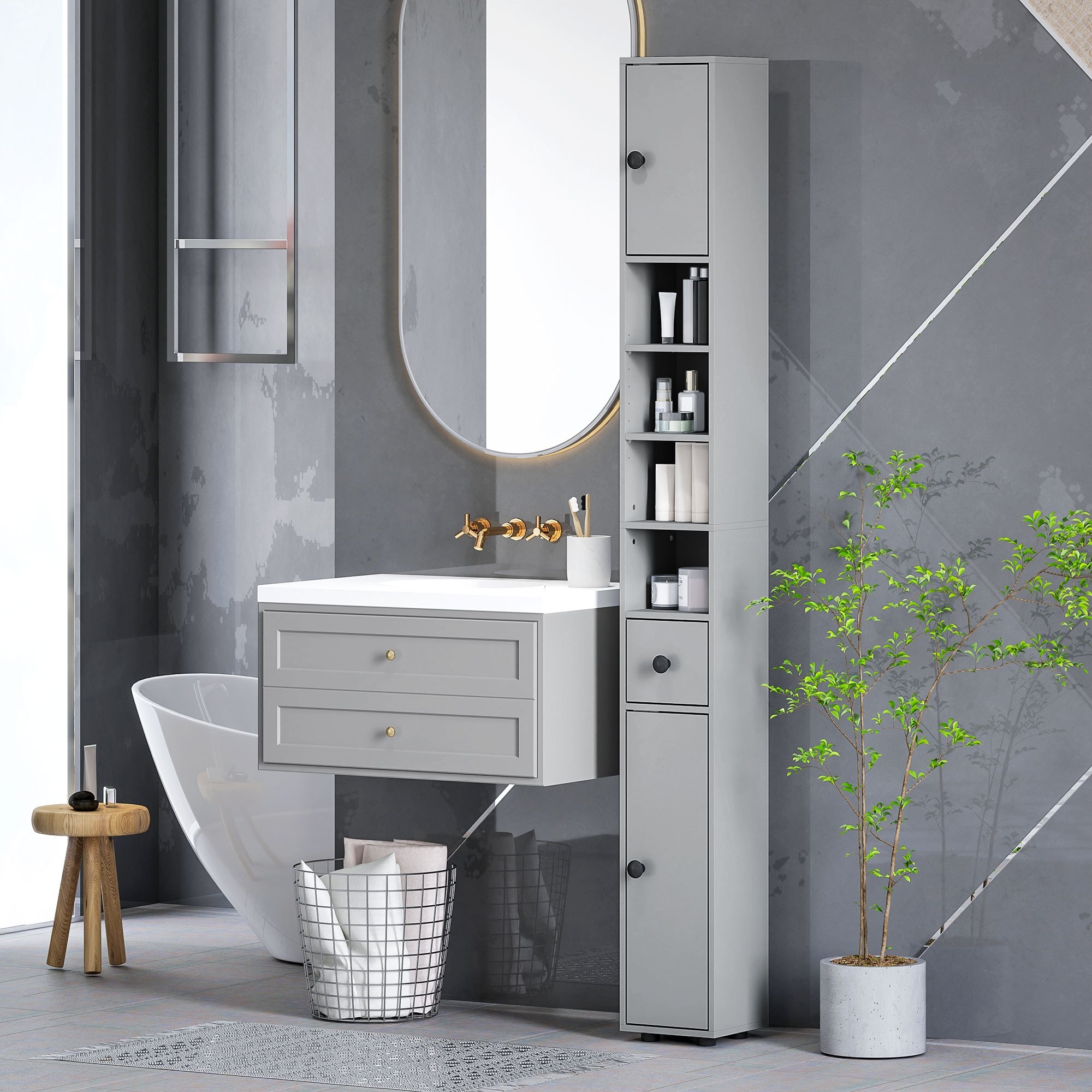 TEMU de Rangement de Salle de Bain Kleankin de 71' de Hauteur, de Salle de Bain Étroite avec Étagères Ouvertes, Armoires à 2 Portes, Étagères