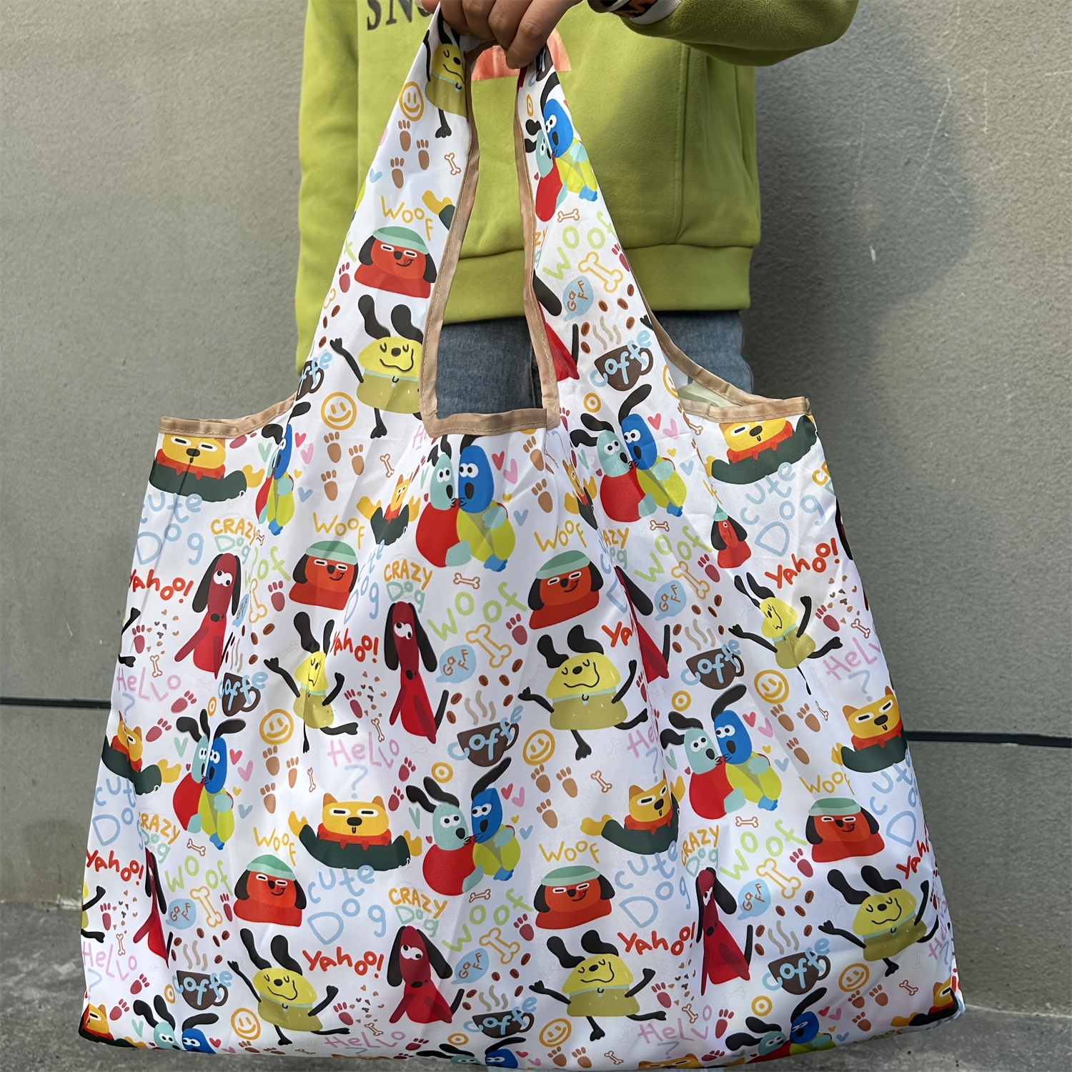 

1pc Cartoon Dog Print Nylon Shopping Bag, , Foldable & Sturdy Hand Tote, Shoulder Tote Bag With Fixed Straps, Unlined, No-closure, Included, For Grocery, Camping, Picnic