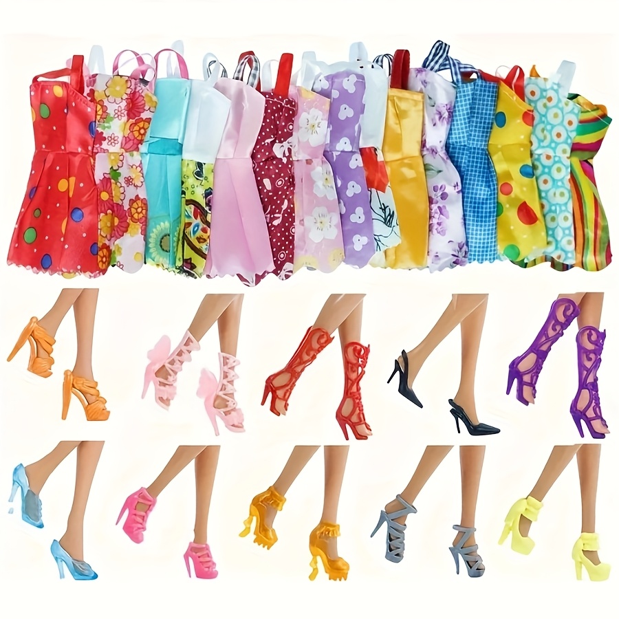 32pcs Doll Dress-Up Set for Girls, Assorted Styles with 10 Outfits, 10 Shoes, 6 Crowns, 6 Necklaces, Fashion Accessory Collection, Mixed Color, Durable Plastic Material