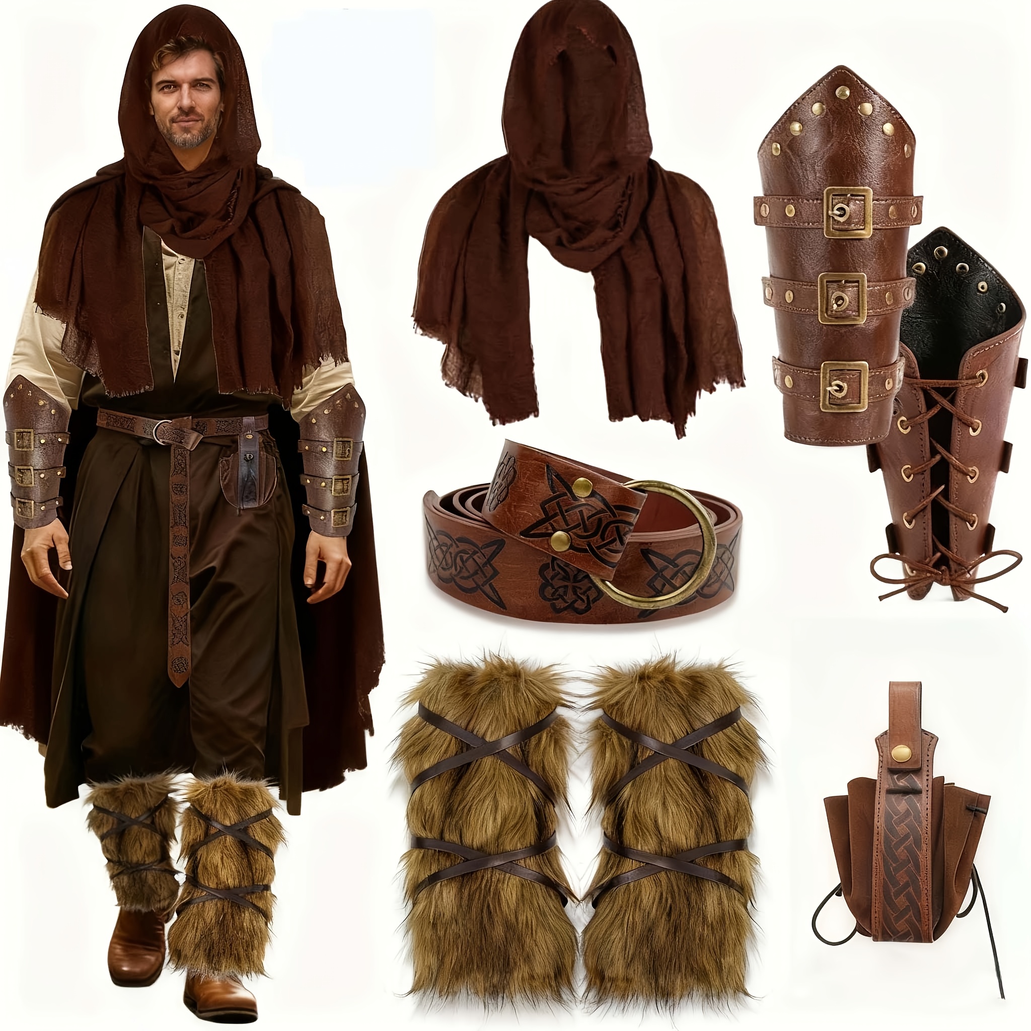 Image of 7pcs Renaissance Costume Accessory Set, Including A Pu Viking Belt, Waist Pouch, Arm Guards, Leg Guards, And Cloak. Suitable For Larp, Renaissance , Halloween, And Other Occasions