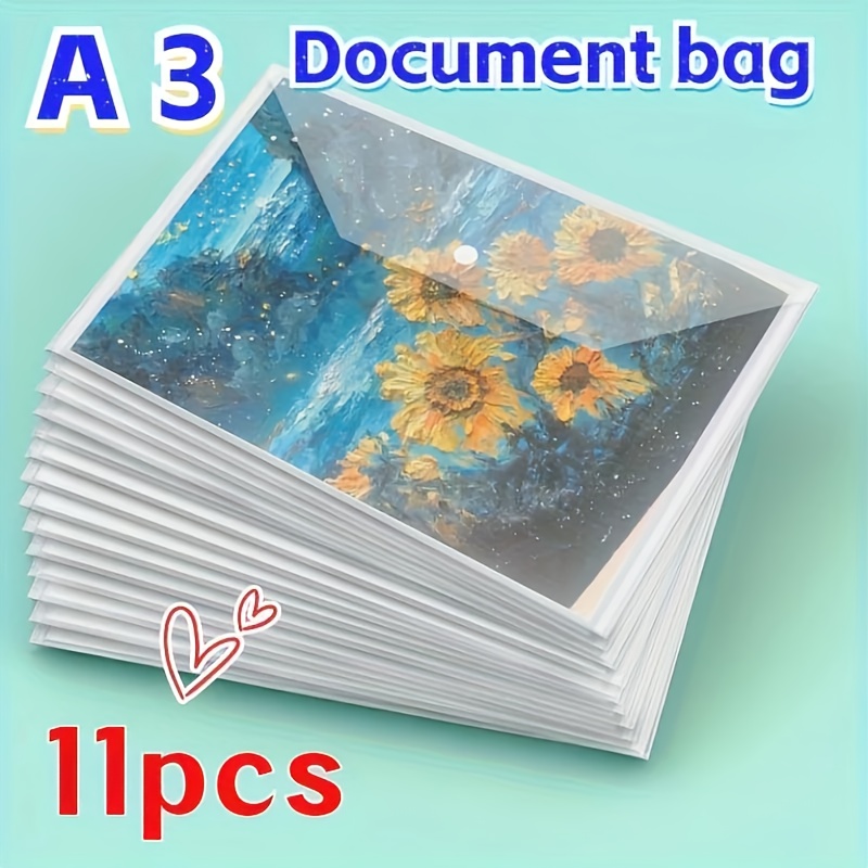 E-shop 11 Stück verstärkte transparente Dokumententaschen mit Druckknopfverschluss, A3/8K Skizzenpapier-Poster-Aufbewahrungstaschen,
