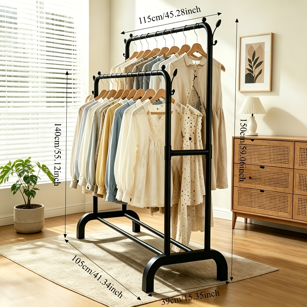 TEMU Heavy-duty Double Rod Clothing Rack, Sturdy Metal Garment Rack With Multi-side Hooks, Freestanding Clothes Hanging Organizer, Large-capacity