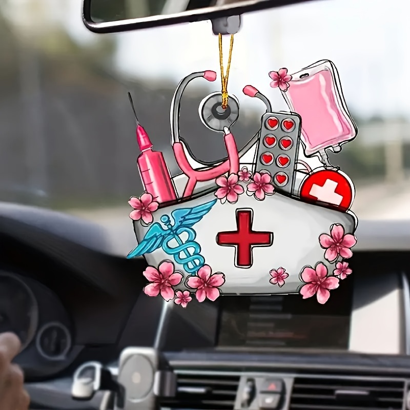 

1pcs Acrylic Nurse Theme Hanging Ornament For Car, Bag, Keys, Christmas Tree Decoration - Medical Supplies & Cherry Blossoms Design