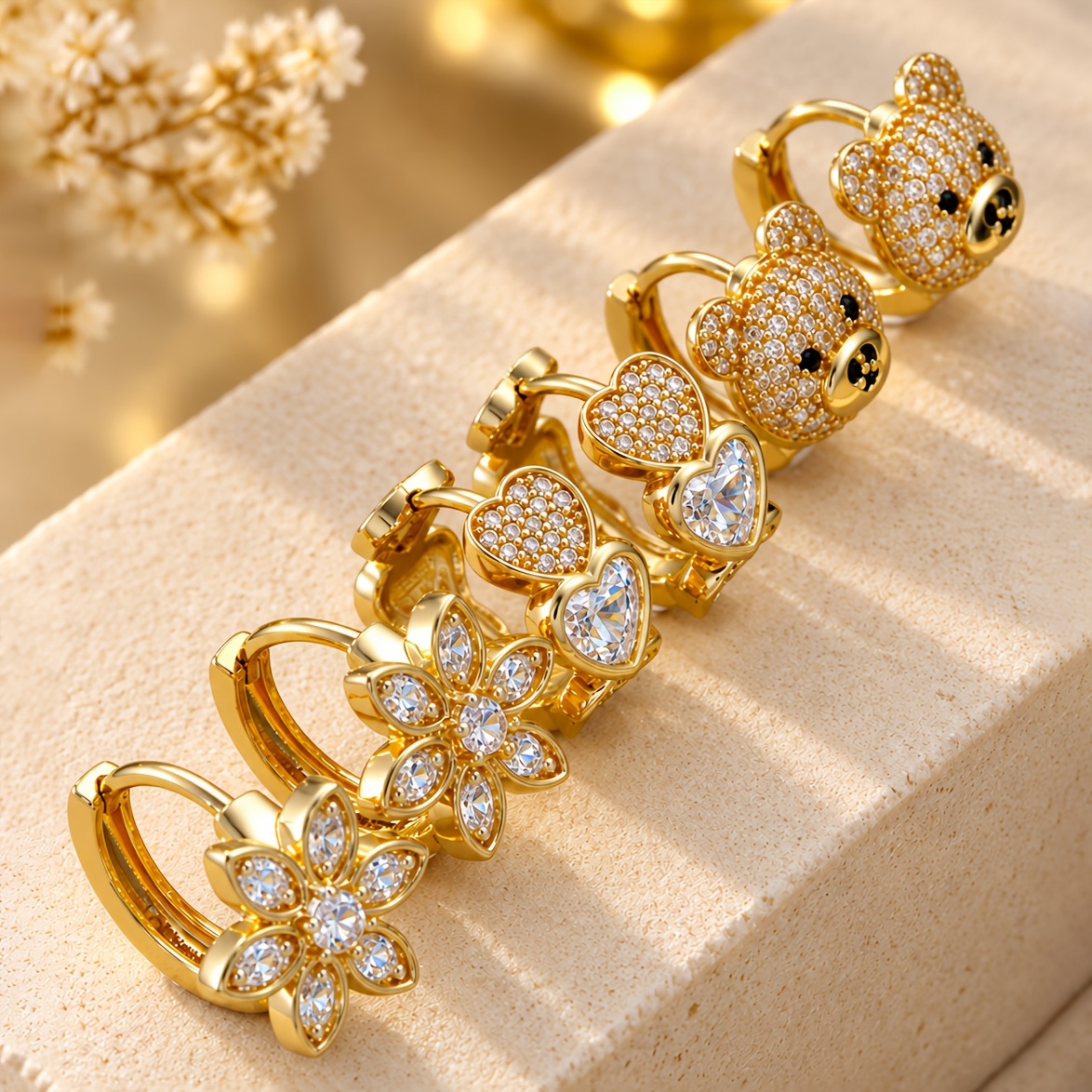 TEMU 6pcs/set Easy Golden Hoop Earrings, Cute Little Bear Clover And Flower Hoop Huggie Earrings Set, Suitable For Women' Wear And Halloween And