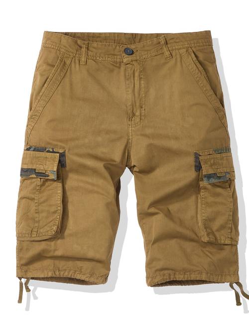 large mens 100 cotton washed workwear shorts streetwear style multi pocket cargo shorts with regular fit non stretch fabric solid color for outdoor casual wear functional clothing utilitarian style durable construction plus size
