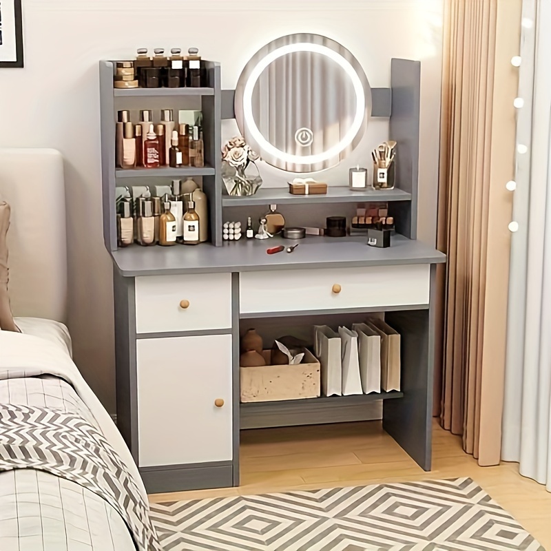 

Dressing Table, Grey, Makeup Table With Drawers, Vanity Desk With Mirror And Led Lights & 3 Lighting Mode, Makeup Vanity Desk, Storage Shelves Bedroom Vanity Dressing Table, Bathroom Vanity