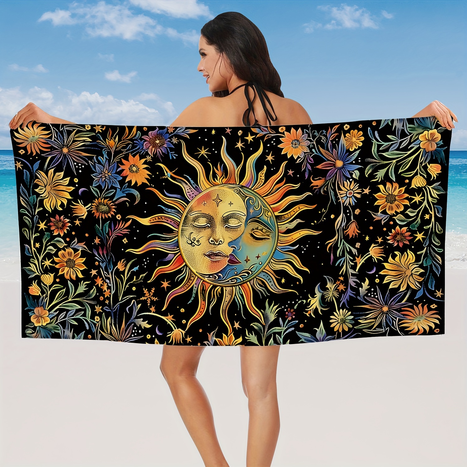 

1pc Sun And Moon Floral Microfiber Beach Towel, Psychedelic Hippie Oversized Beach Towel, Lightweight Sandproof Quick Drying Thin Absorbent Towel, Swimming Pool Camping Beach Accessory