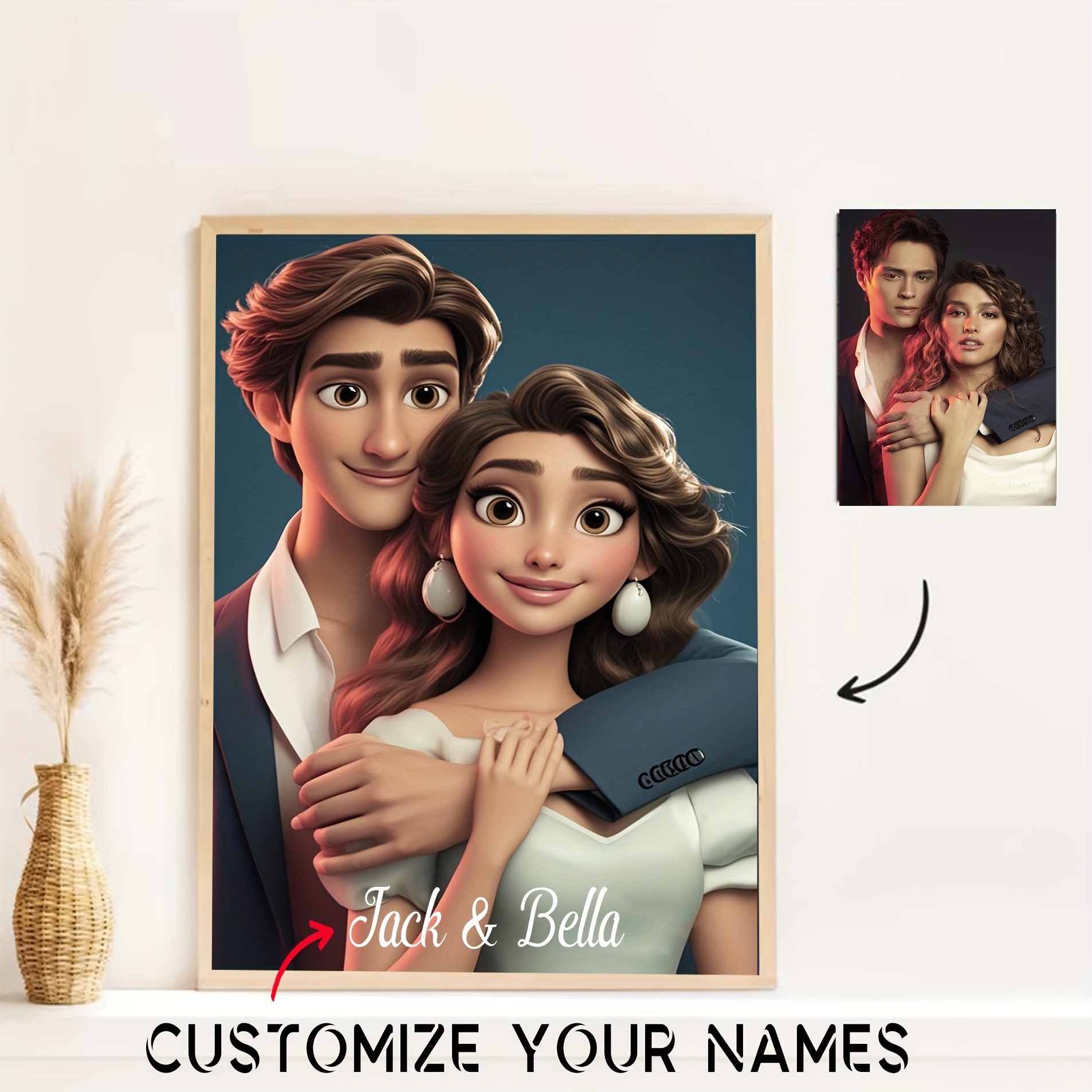 

Personalized (popular ) , Customized Couple/ , Editable Name, 3d Cartoon Style Character, Or Wrapped Printing, Living Room Bedroom Hallway Dining Room Decorative Painting