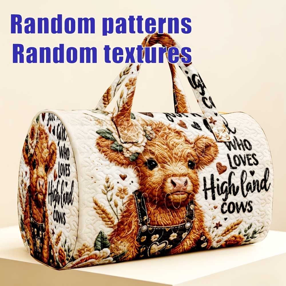 TEMU 1pc Quilted Highland Cow Handbag "just A Who Highland Cows" Handbag, Suitable For Women' Shopping, Farmhouse Style Gift, Valentine's Day Gift,
