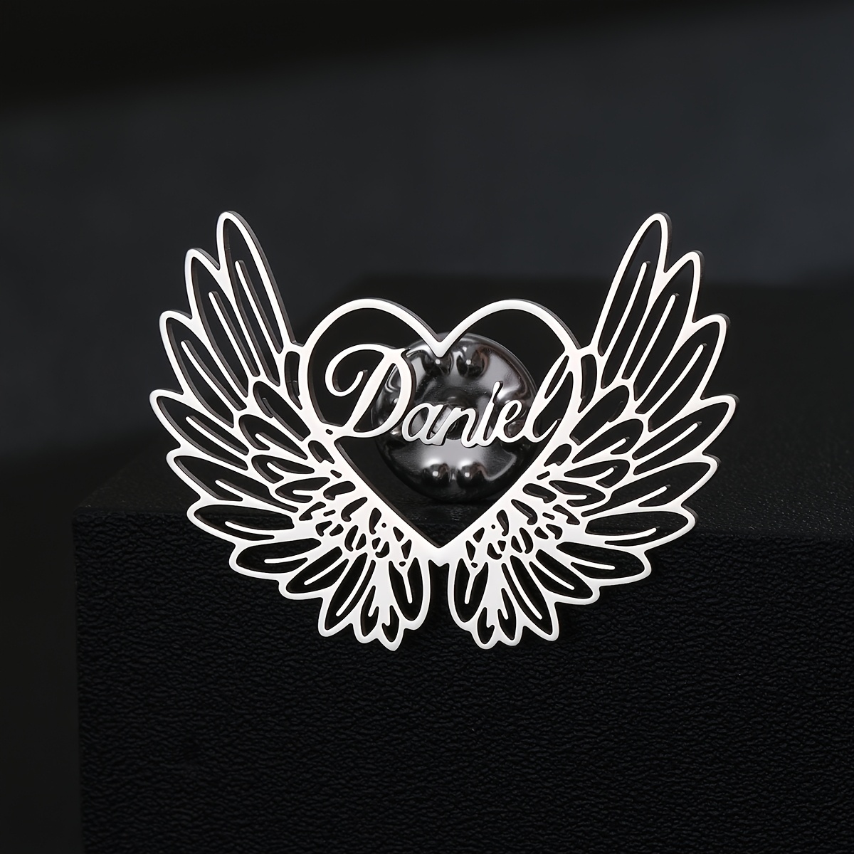 TEMU Custom Brooch - , 1 Custom Piece, Heart And Wings Engraved Stainless Steel Brooch - Vintage Commemorative Gift For Women, Personalized Name