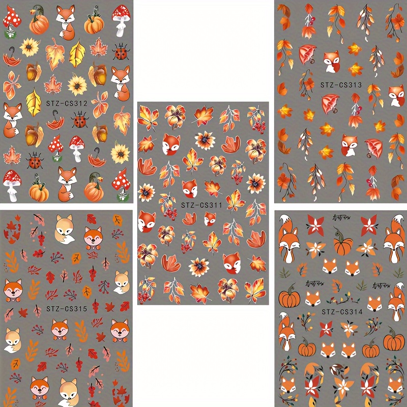 Image of Autumn New Nail Stickers, 5 Sheets A Set Of Autumn Cartoon Nail Stickers - Animal Cartoons, , , Pumpkins - Shiny Self-adhesive Glitter Stickers, Suitable For Nail Decoration - Nail Decoration