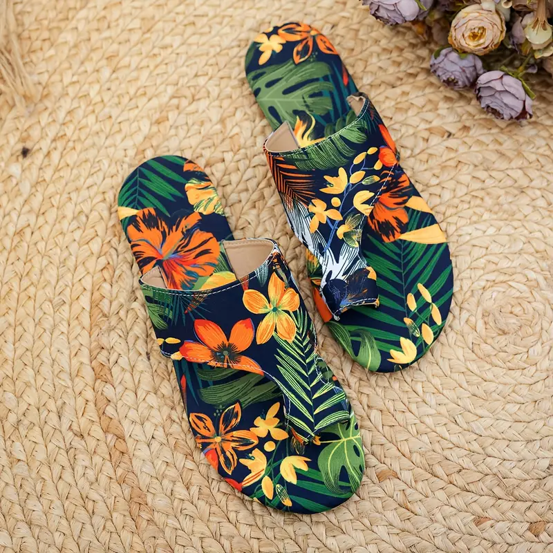 vibrant womens tropical print flat slide sandals stylish open toe casual summer footwear with toe for indoor outdoor use strappy sandals details 4