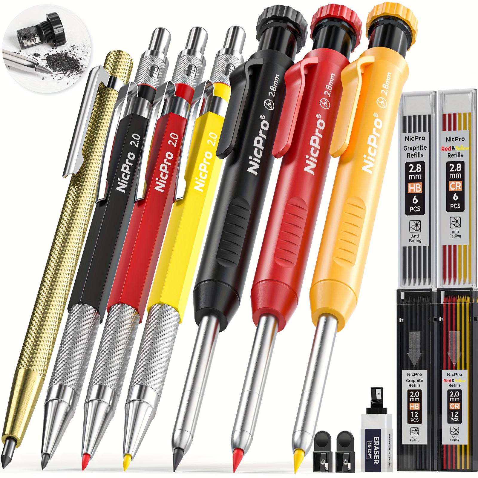 

Nicpro 16 Pack Mechanical Carpenter Pencil Set With 42 Refill & Carbide Tool, Construction Pencils Heavy Duty Woodworking Pencils For