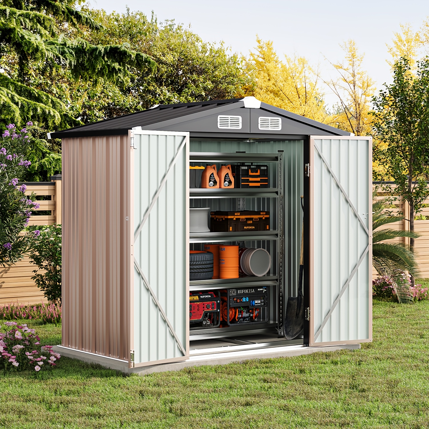 6x4 ft outdoor storage shed metal garden shed with lockable doors   roof ideal for backyard patio poolside plastic tool and small shed for outdoor storage
